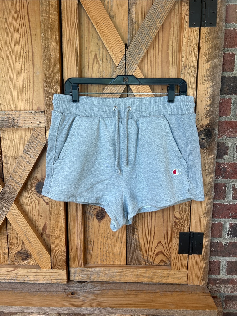 Champion Women's Gray Fleece Athletic Shorts, high-waisted drawstring size L